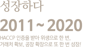 2010~2012 HACCP 인증을 받아 위생으로 한번, 마트/편의점 등 다양한 시장진출로 또 한 번 성장